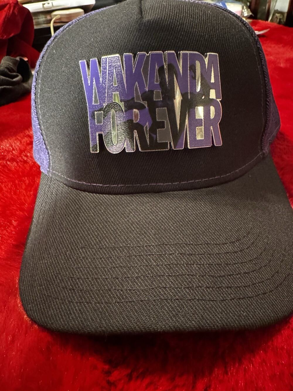 Marvel Black Panther Wakanda Forever Snapback Hat Cap Purple Black Adjustable